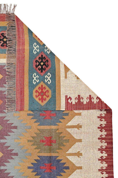 Alfombra Kilim Grande, diseño étnico, moderno, tradicional, Multicolor, hecha a mano de Lana y Yute - 270x360cm