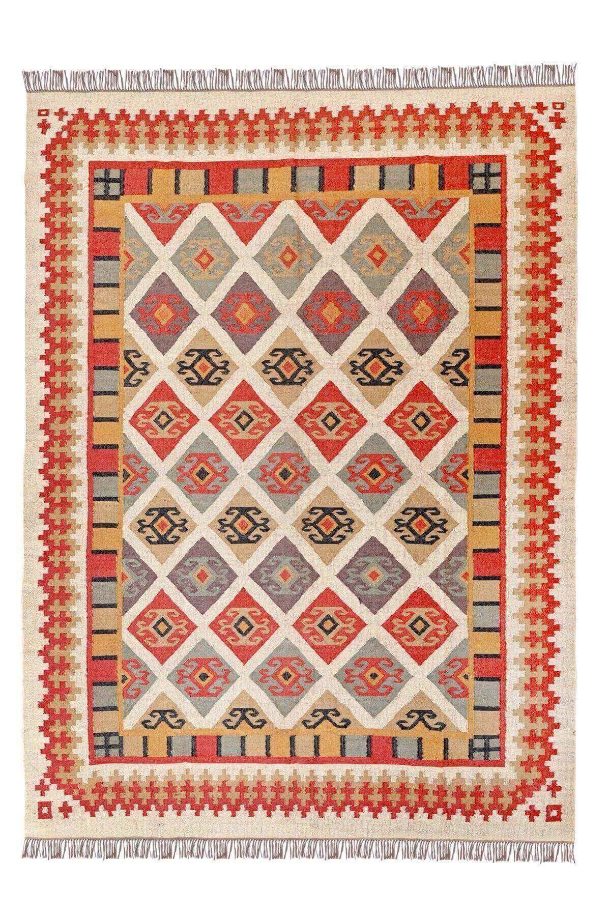 Alfombra Kilim Grande, diseño étnico, clásico, tradicional, Rojo y Multicolor, hecha a mano de Lana y Yute - 270x360cm