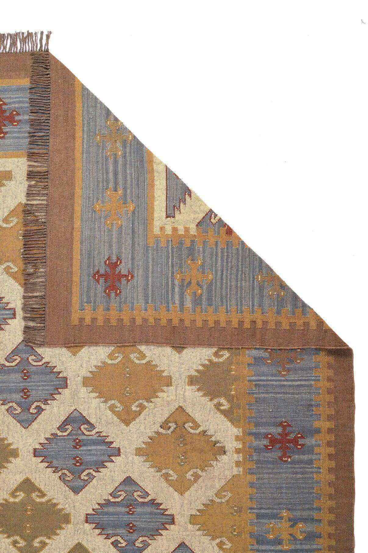 alfombra kilim azul, lana y yute, alfombras y kilims, hechos a mano, India, Azul y natural