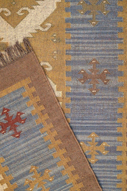 alfombra kilim azul, lana y yute, alfombras y kilims, hechos a mano, India, Azul y natural