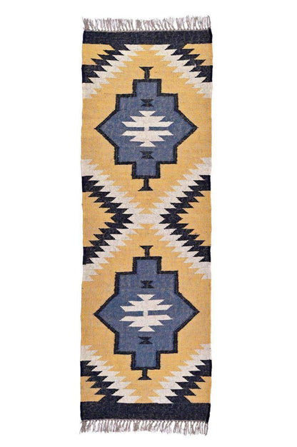 alfombra kilim etnica, de pasillo, de lana y yute, multicolor, motivos etnicos y geometricos, color azul,amarillo,blanco