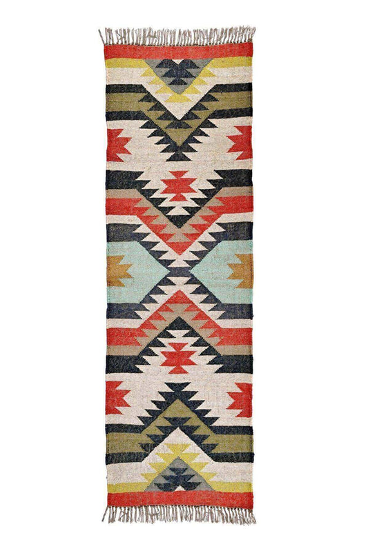 alfombra kilim étnica, de pasillo, de lana y yute, multicolor, motivos étnicos y geométricos.