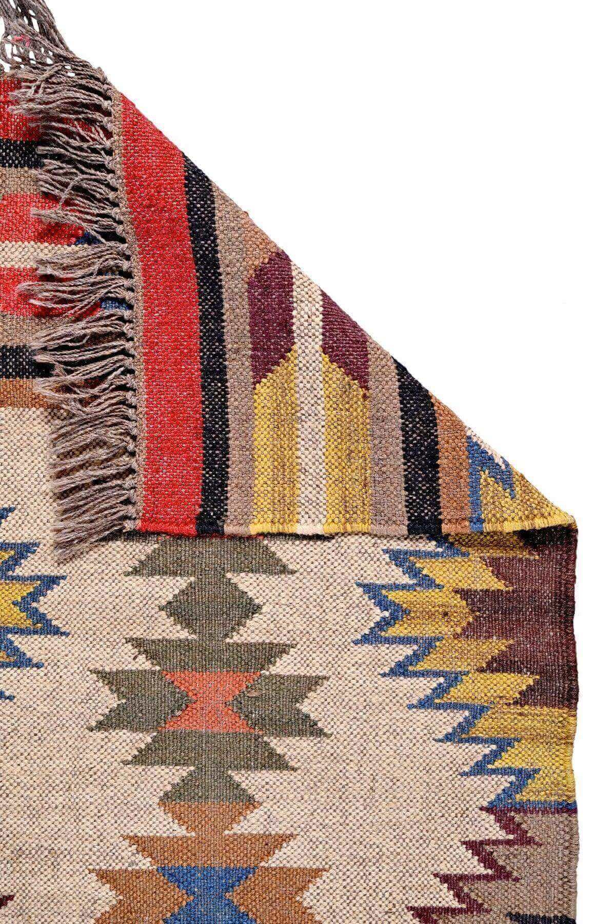 alfombra kilim de pasillo, de lana y yute, multicolor, motivos étnicos y geométricos, Kilim azul, naranja, amarillo, marrón.