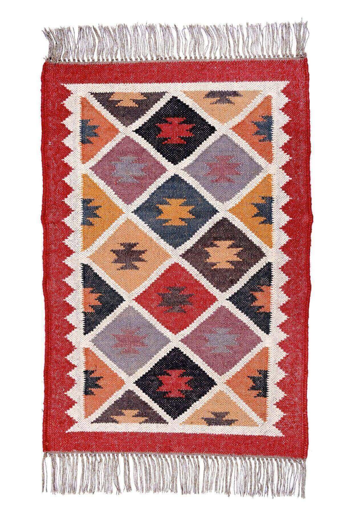 Alfombra Kilim Pequeña Étnica Hecha a Mano de Lana y Yute - 60x90 cm - Multicolor y Reversible - Origen India