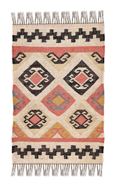 alfombra kilim,  pequeña, multicolor, étnica, reversible, artesanal, India.