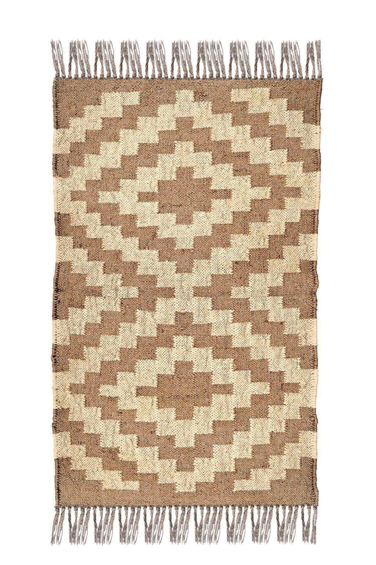 alfombra kilim, de lana y yute,  pequeña, geometrica, color beige y natural, reversible, artesanal, India.