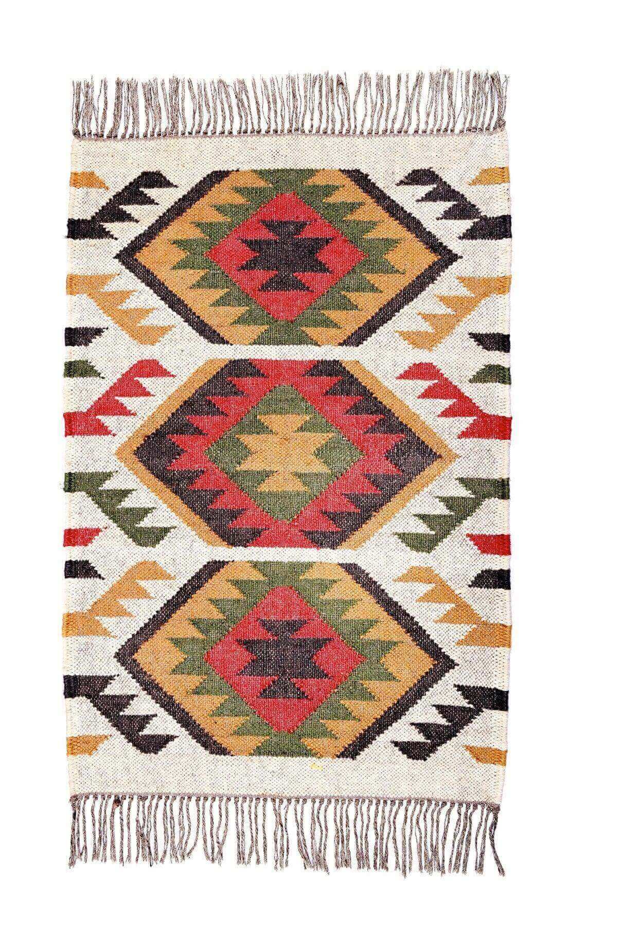 Alfombra Kilim Pequeña Étnica Hecha a Mano de Lana y Yute - 60x90 cm - Multicolor y Reversible - Origen India