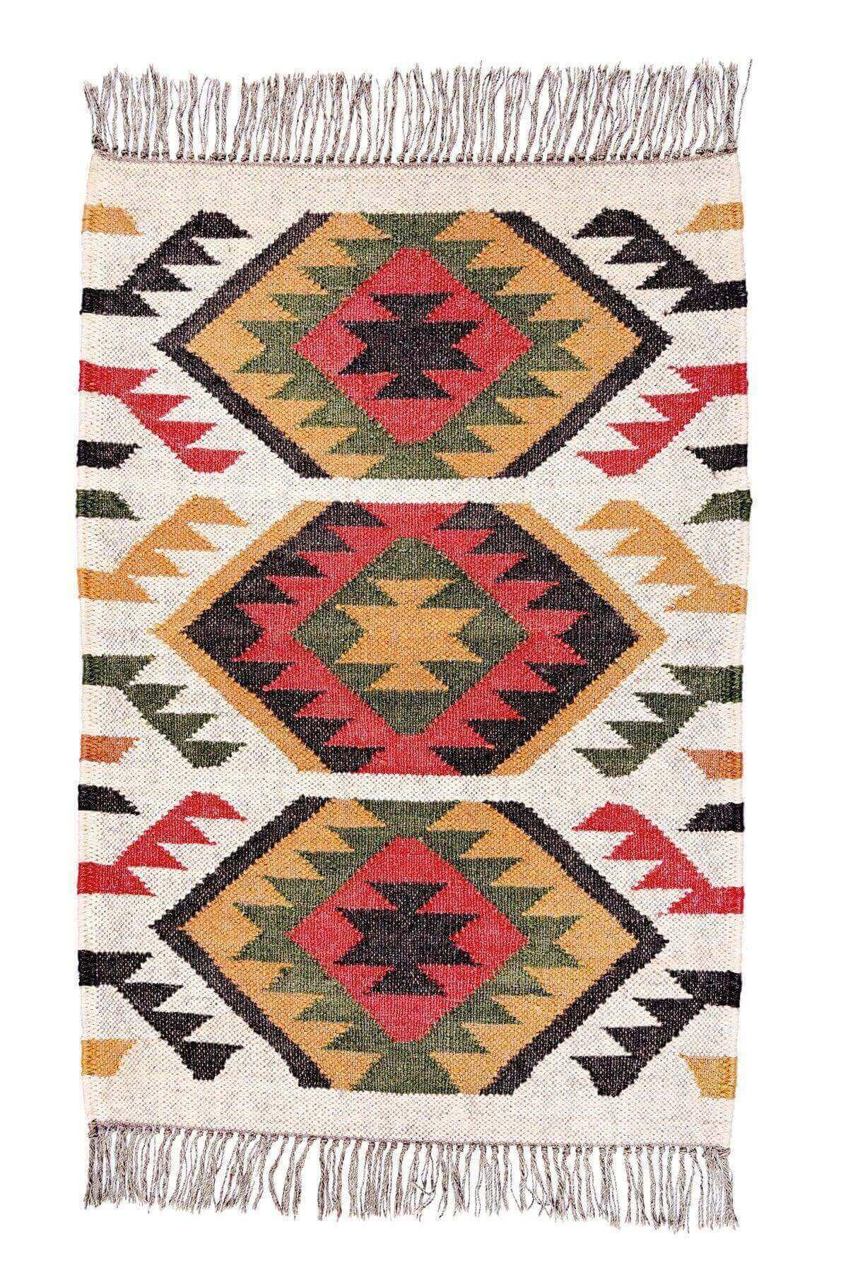 Alfombra Kilim Pequeña Étnica Hecha a Mano de Lana y Yute - 60x90 cm - Multicolor y Reversible - Origen India