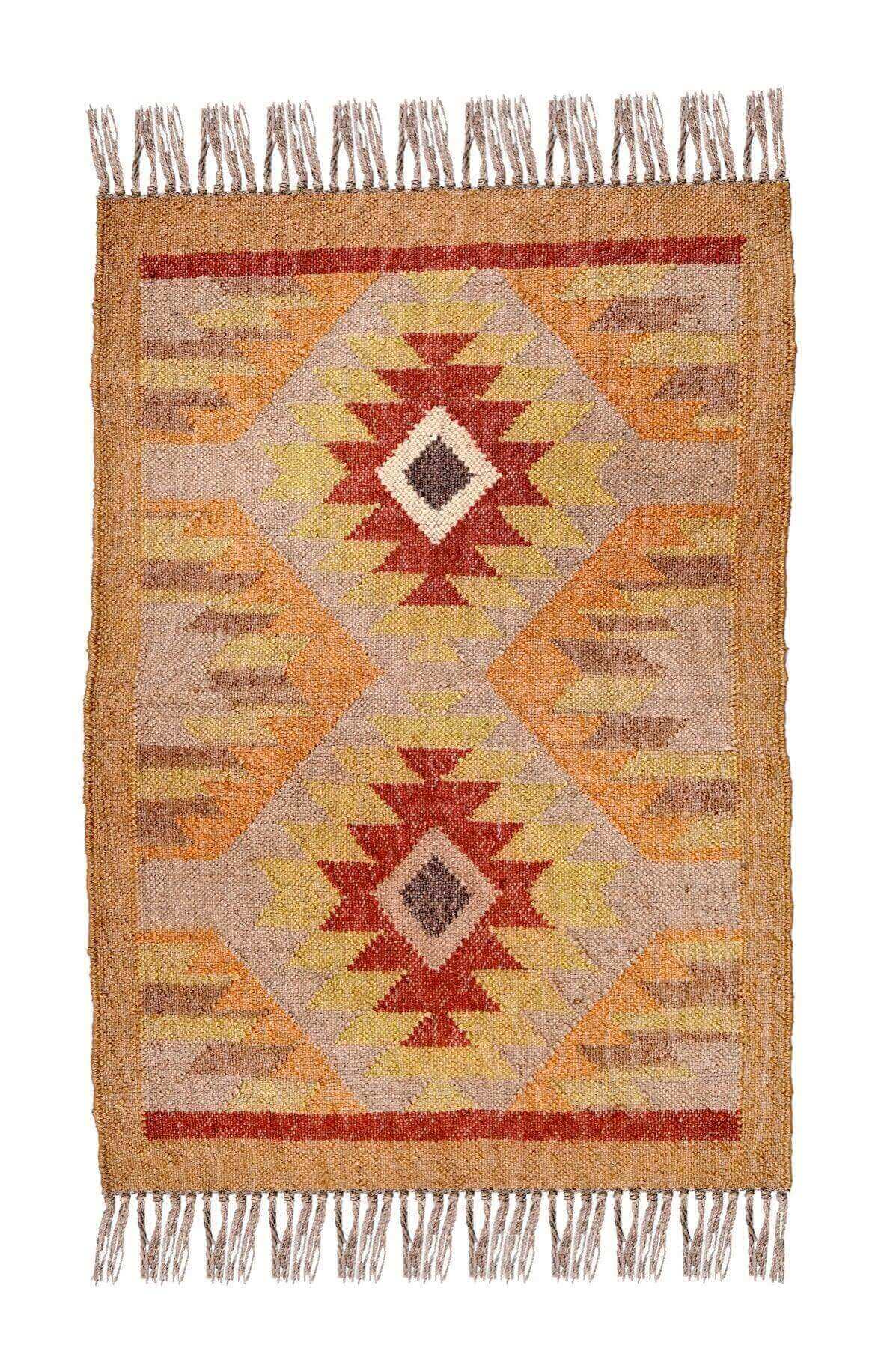 alfombra kilim,  pequeña, multicolor, étnica, reversible, artesanal, India.