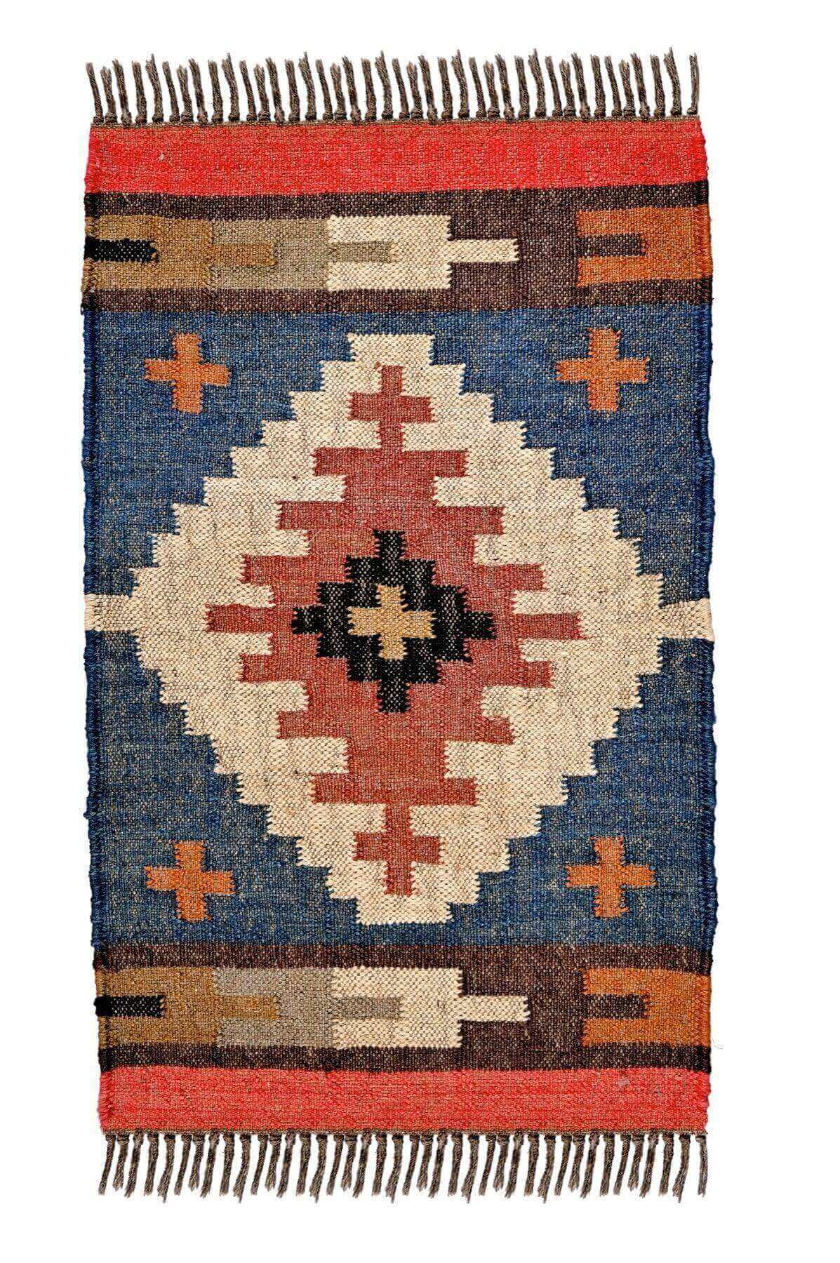 alfombra kilim,  pequeña, multicolor, étnica, reversible, artesanal, India.