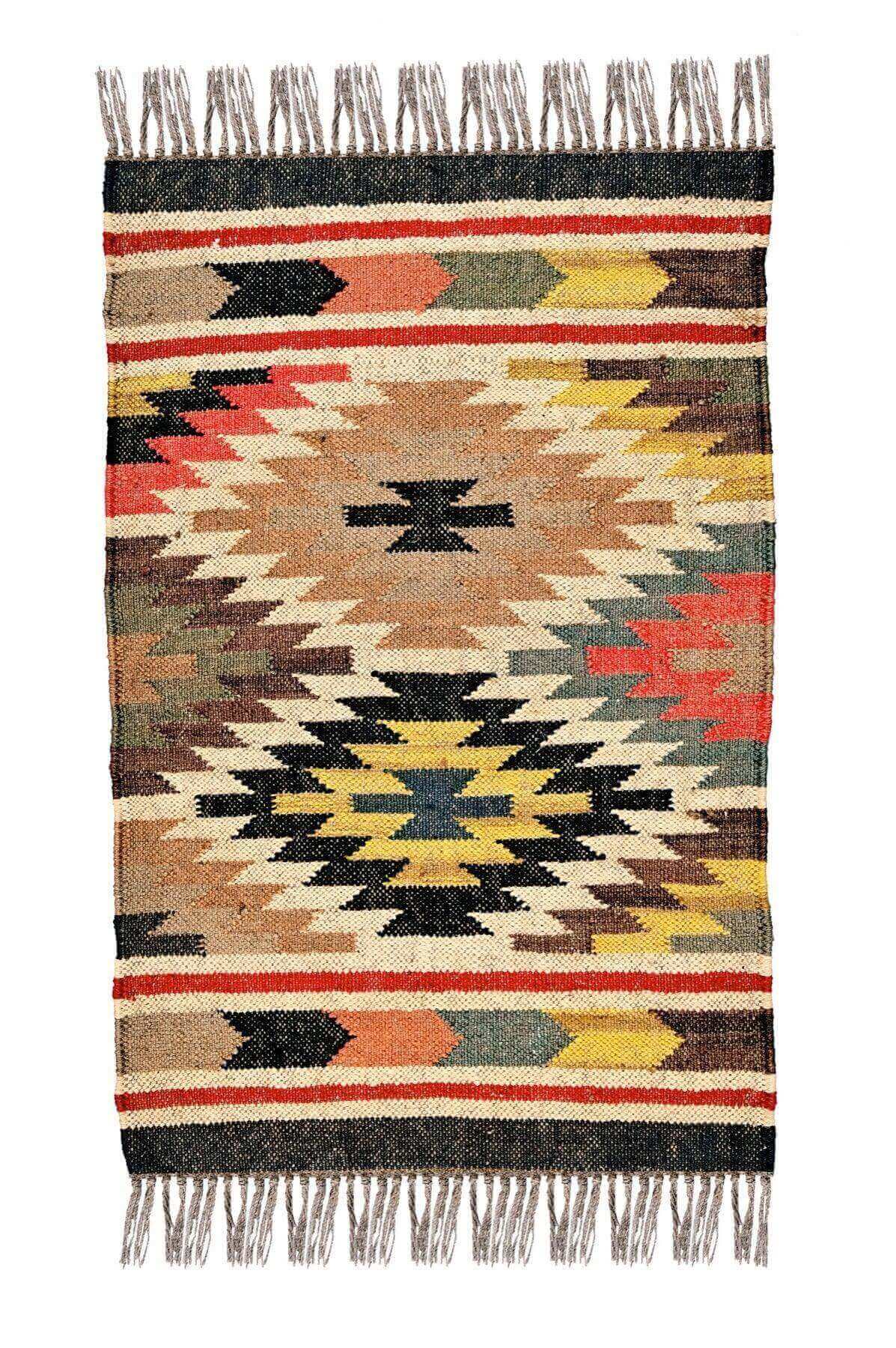 alfombra kilim, de lana y yute,  pequeña, etnica, multicolor, reversible, artesanal, India.