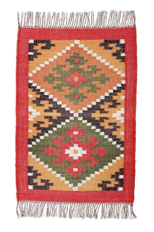 Alfombra Kilim Pequeña Étnica Hecha a Mano de Lana y Yute - 60x90 cm - Multicolor y Reversible - Origen India