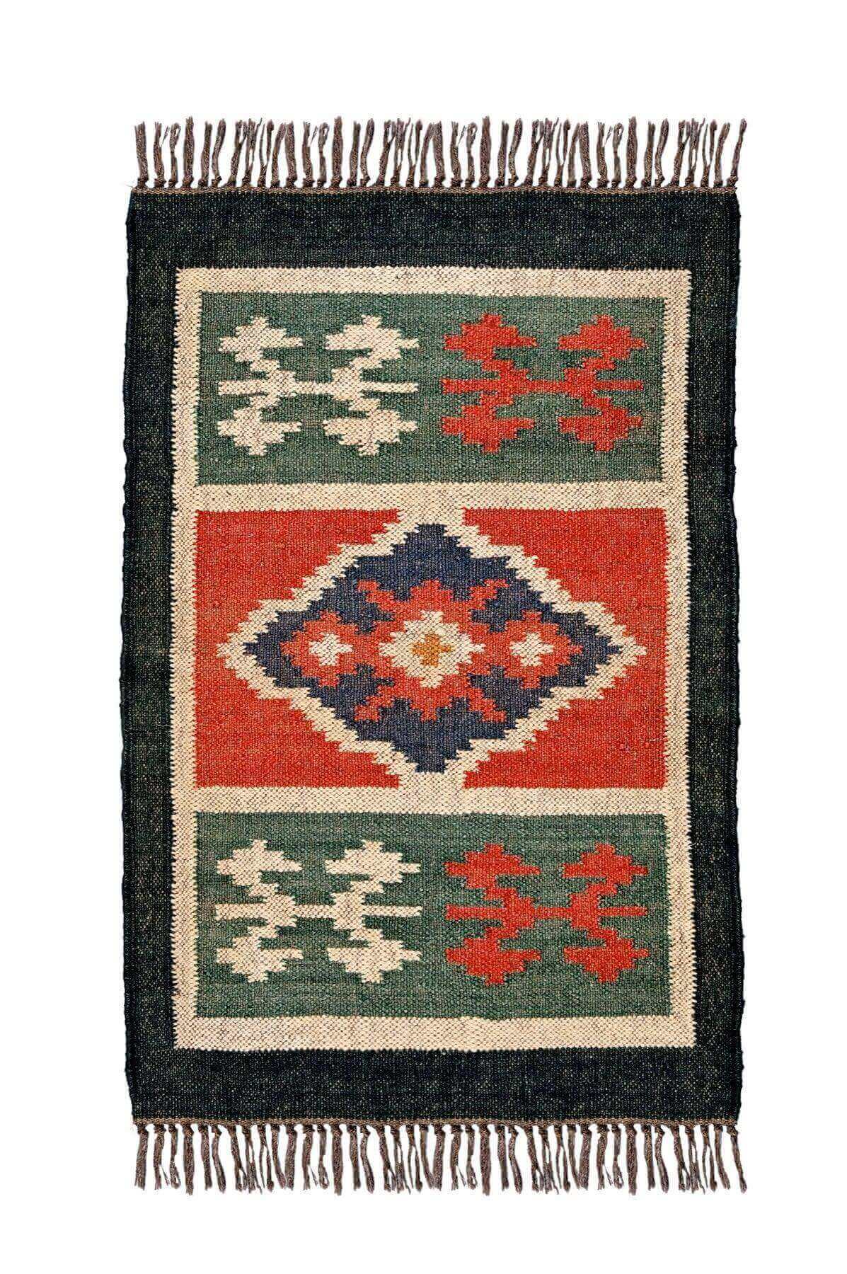 alfombra kilim,  pequeña, multicolor, étnica, reversible, artesanal, India.