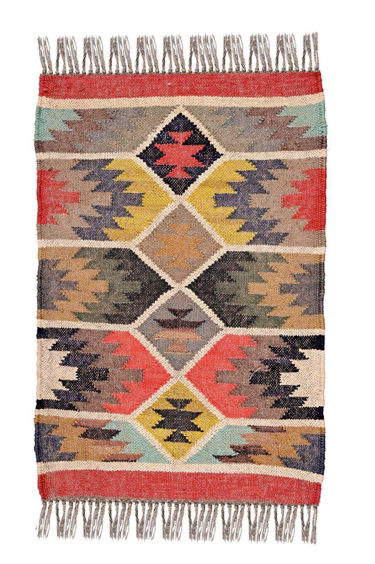 alfombra kilim,  pequeña, multicolor, étnica, reversible, artesanal, India.