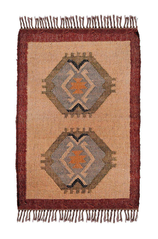 alfombra kilim,  pequeña, multicolor, étnica, reversible, artesanal, India.