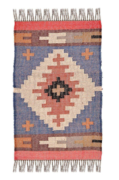 alfombra kilim,  pequeña, multicolor, étnica, reversible, artesanal, India.