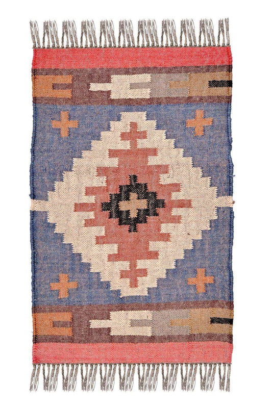 alfombra kilim,  pequeña, multicolor, étnica, reversible, artesanal, India.