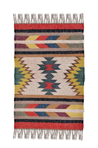 alfombra kilim,  pequeña, multicolor, étnica, reversible, artesanal, India.