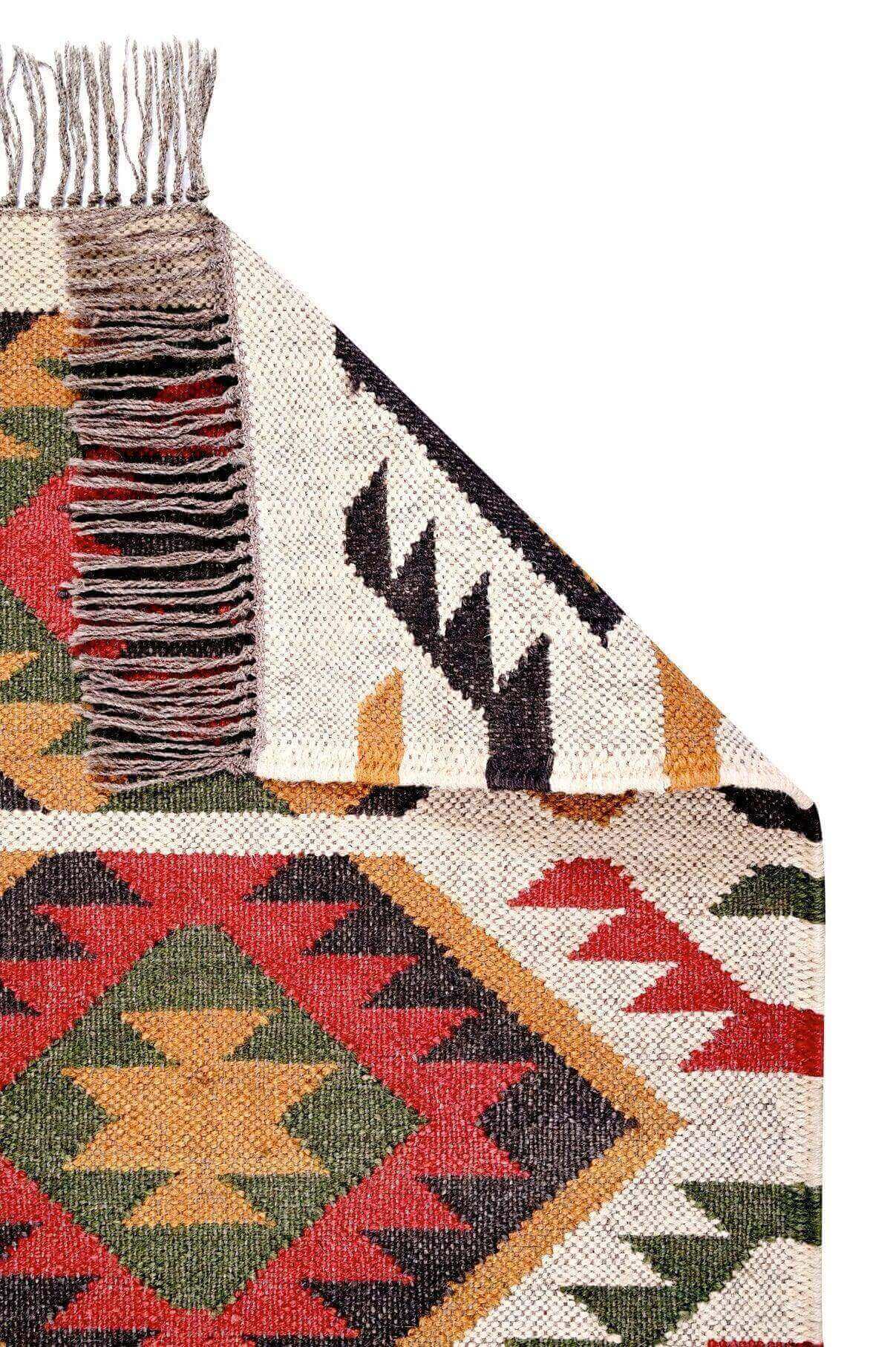 Alfombra Kilim Pequeña Étnica Hecha a Mano de Lana y Yute - 60x90 cm - Multicolor y Reversible - Origen India