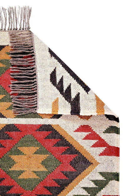 Alfombra Kilim Pequeña Étnica Hecha a Mano de Lana y Yute - 60x90 cm - Multicolor y Reversible - Origen India