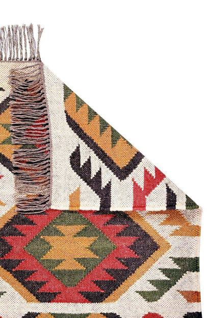 Alfombra Kilim Pequeña Étnica Hecha a Mano de Lana y Yute - 60x90 cm - Multicolor y Reversible - Origen India