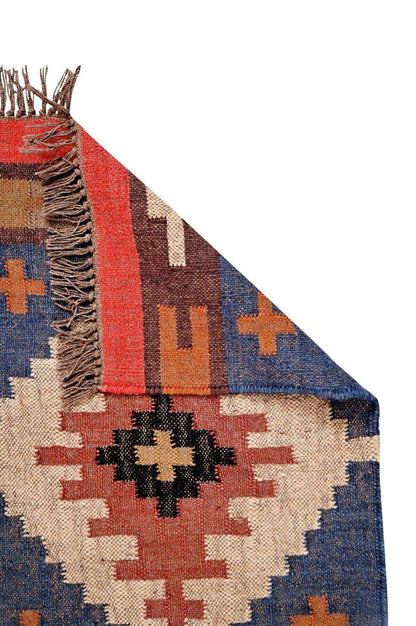 alfombra kilim,  pequeña, multicolor, étnica, reversible, artesanal, India.