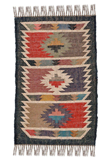 alfombra kilim,  pequeña, multicolor, étnica, reversible, artesanal, India.