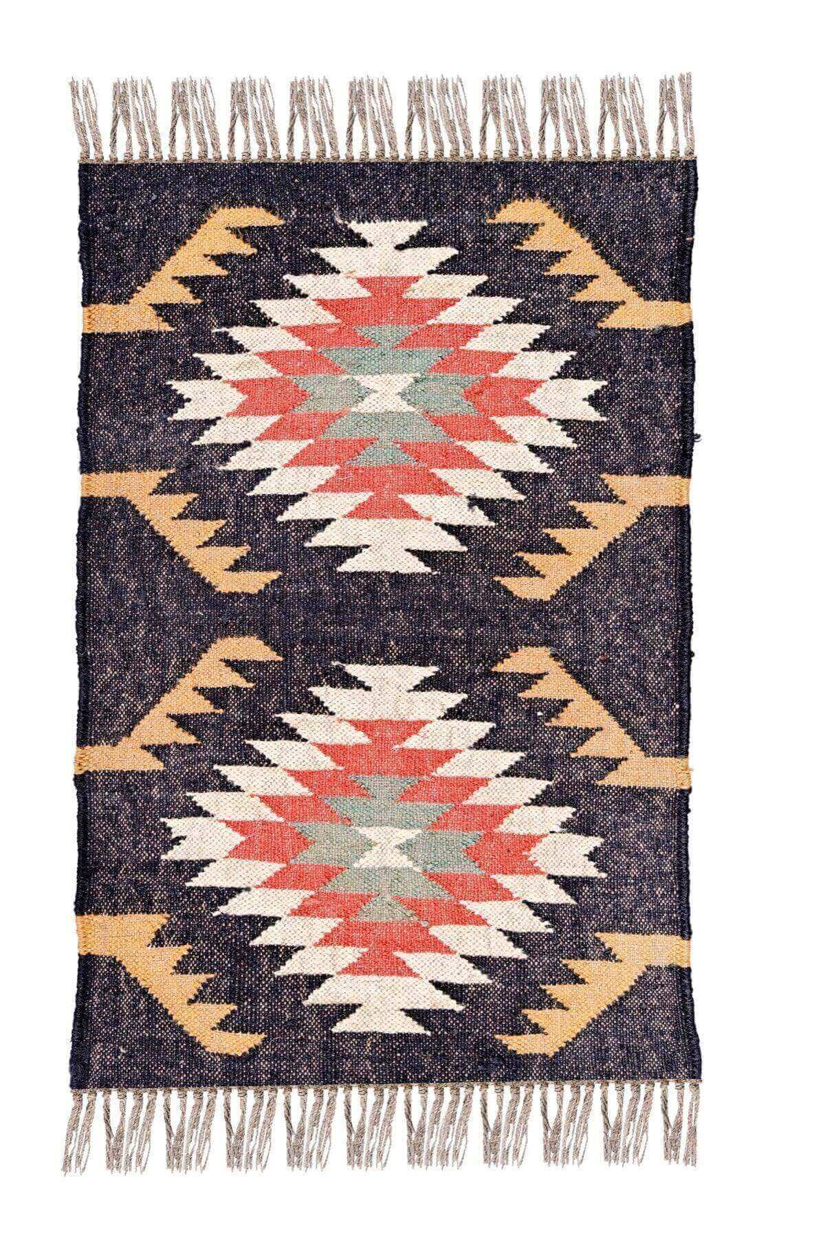 alfombra kilim,  pequeña, multicolor, étnica, reversible, artesanal, India.