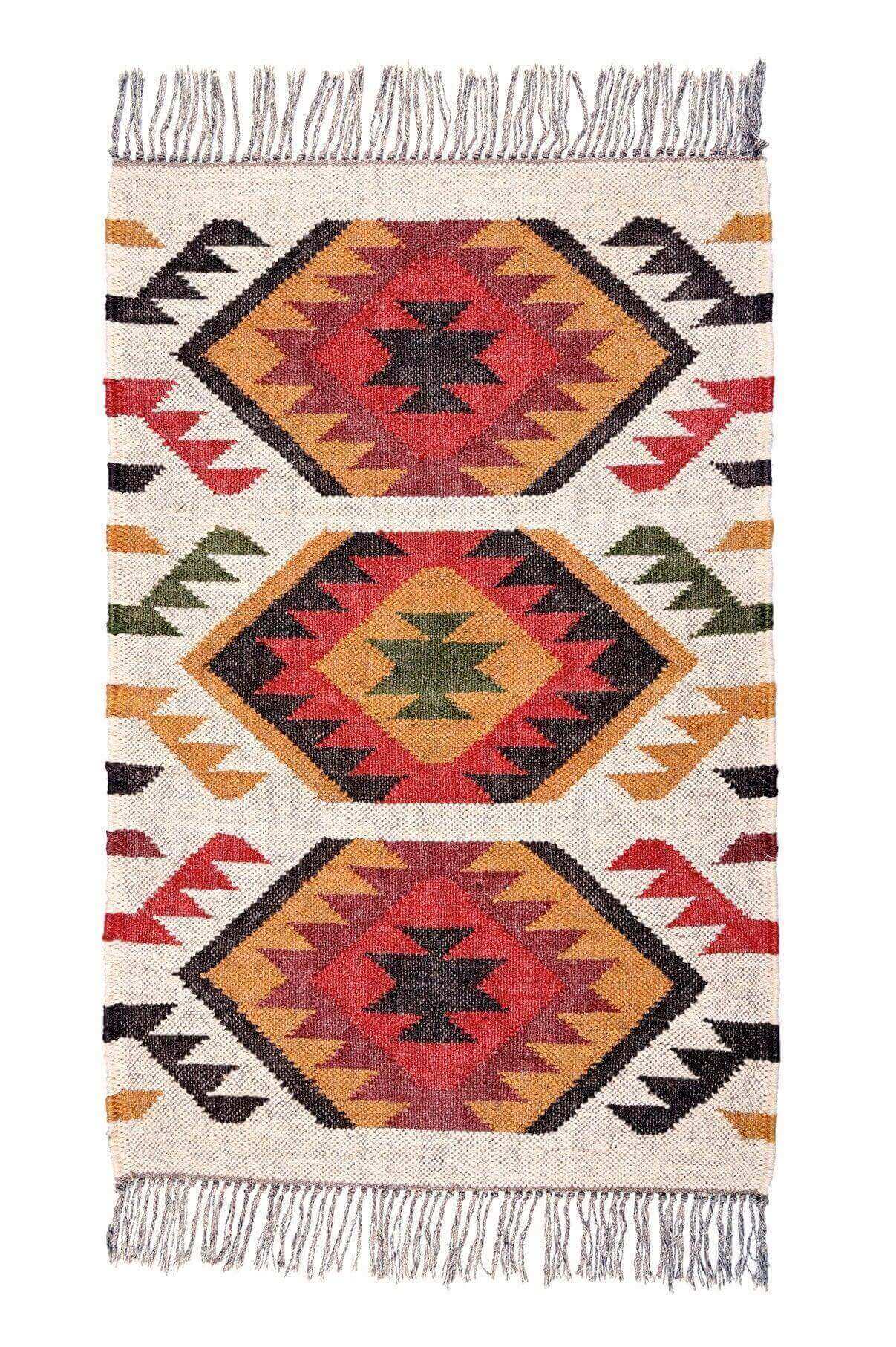 Alfombra Pequeña Étnica Hecha a Mano de Lana y Yute - 60x90 cm - Multicolor y Reversible - Origen India