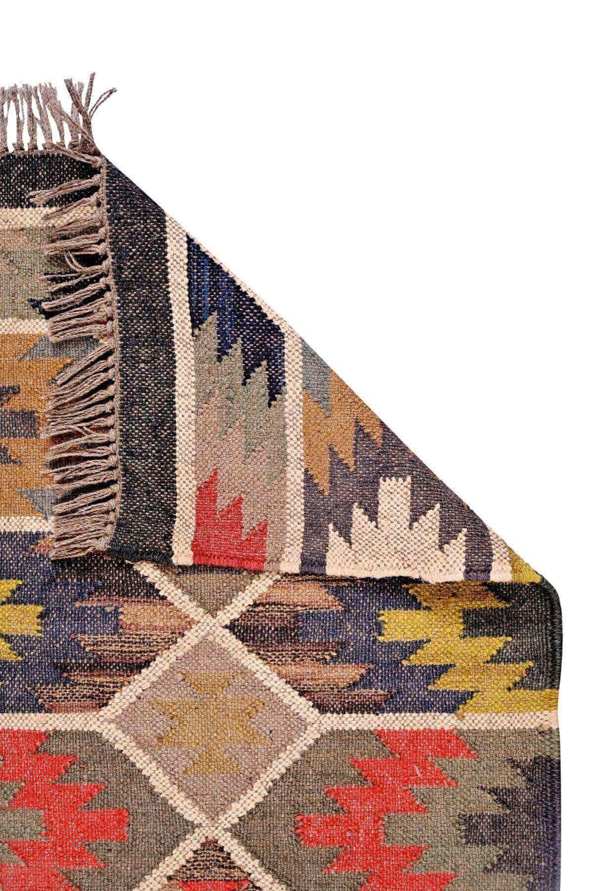 alfombra kilim,  pequeña, multicolor, étnica, reversible, artesanal, India.