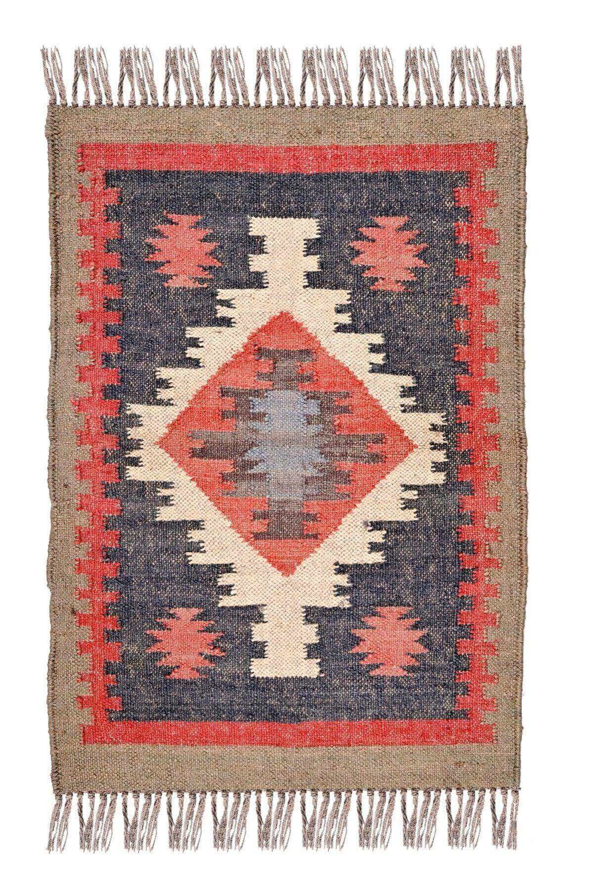 alfombra kilim,  pequeña, multicolor, étnica, reversible, artesanal, India.