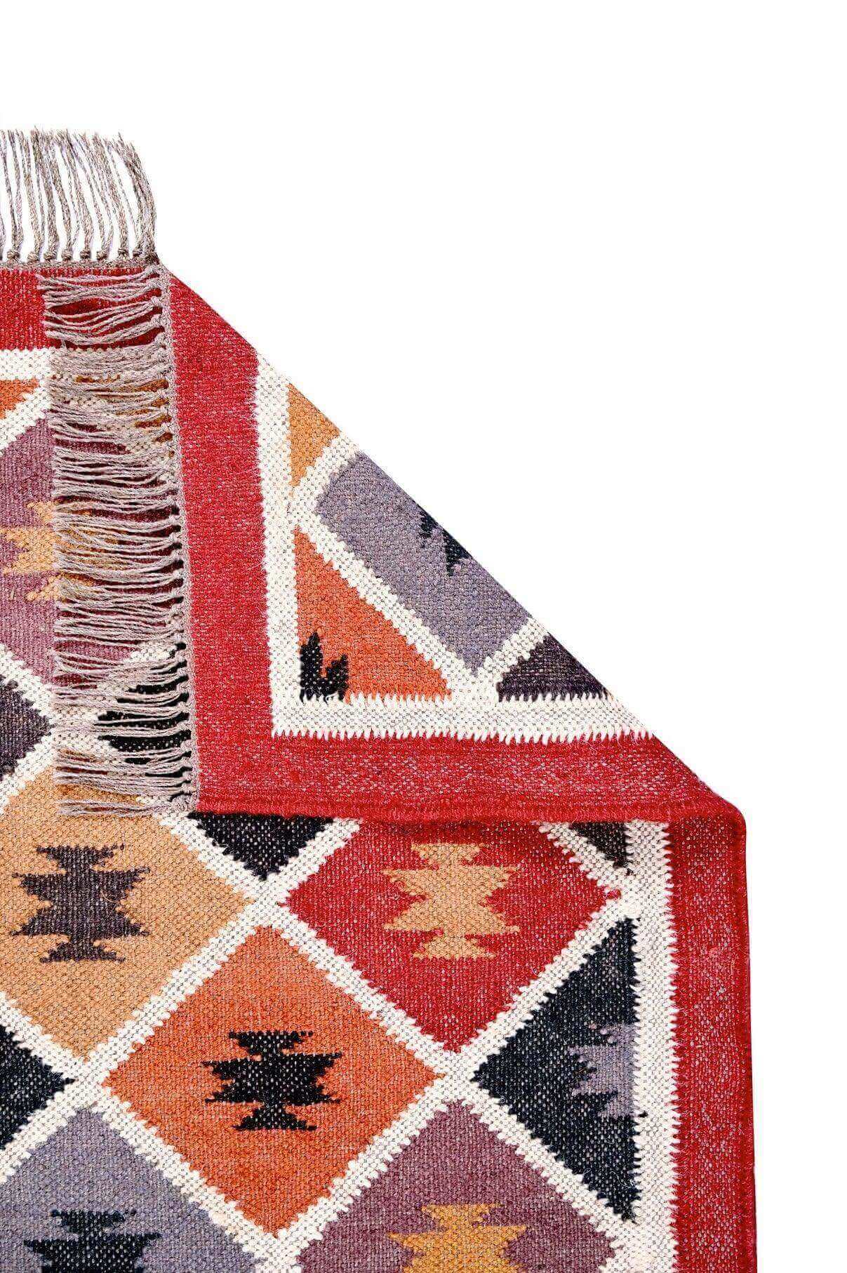 Alfombra Kilim Pequeña Étnica Hecha a Mano de Lana y Yute - 60x90 cm - Multicolor y Reversible - Origen India