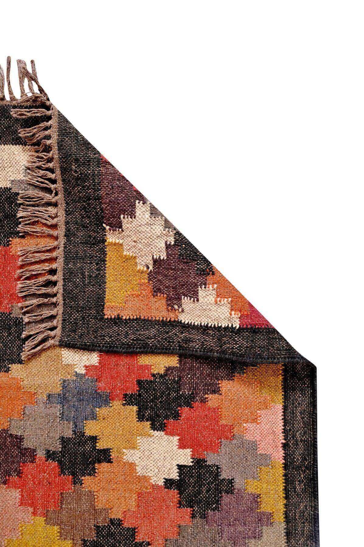 alfombra kilim,  pequeña, multicolor, étnica, reversible, artesanal, India.