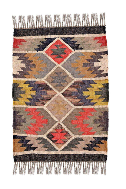 alfombra kilim,  pequeña, multicolor, étnica, reversible, artesanal, India.