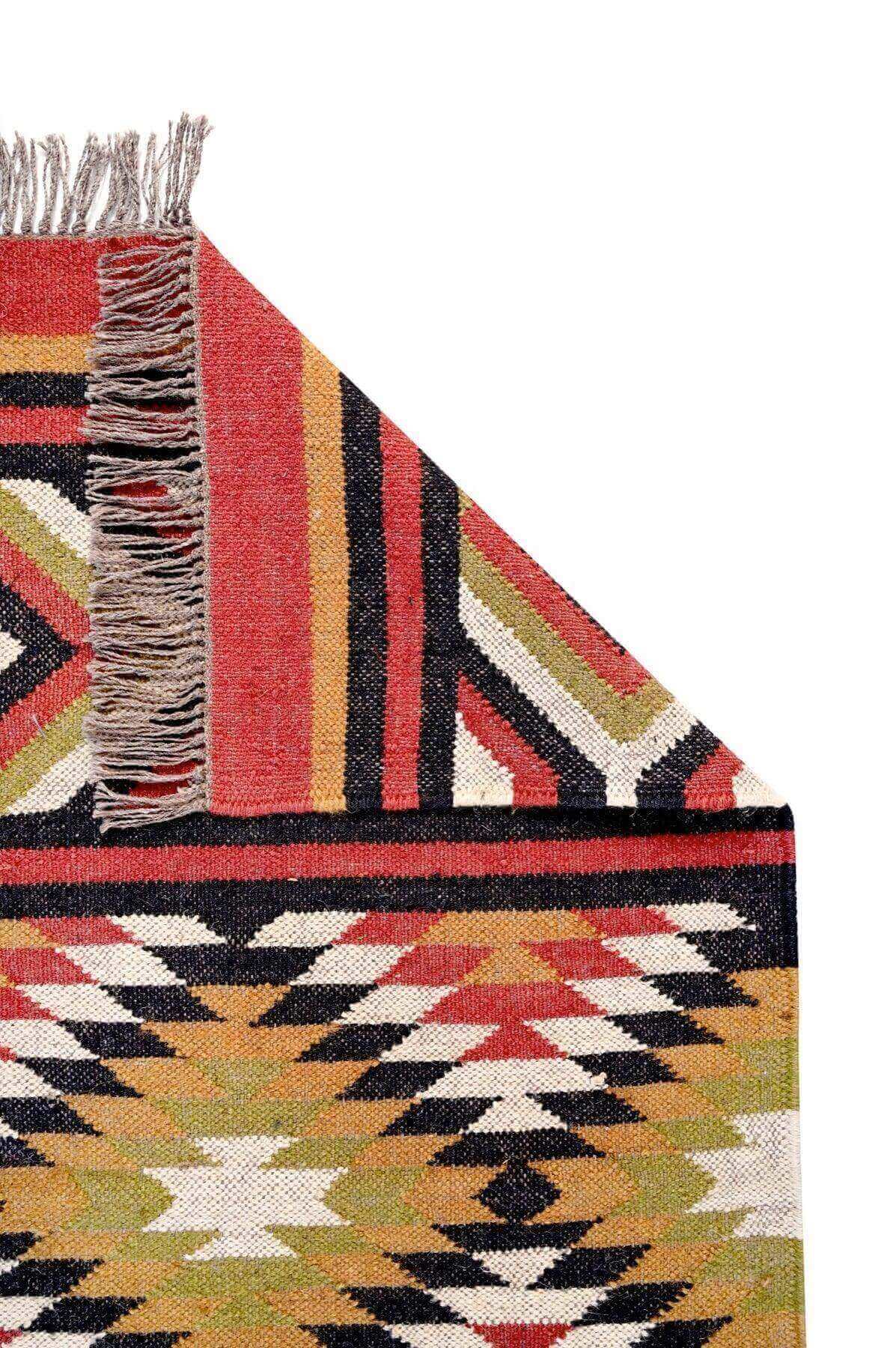 Alfombra Kilim Étnica Hecha a Mano de Lana y Yute - 75x180 cm - Multicolor, Reversible - Origen India- Tintes Naturales- Fibras Sostenibles