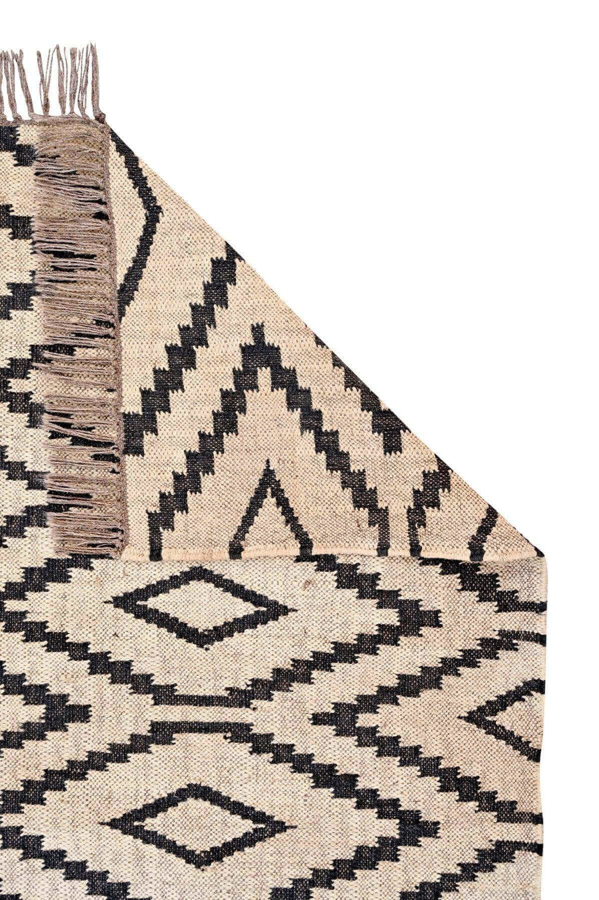 Alfombra Kilim de pasillo, pasillera, étnica, hecha a mano de Lana y Yute - 75x240 cm -Kilim Blanco y negro, beige y negro