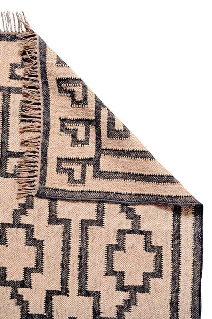 Alfombra Kilim Moderna Hecha a Mano de Lana y Yute - 75x240 cm -blanco y negro, beige y negro, diseño étnico