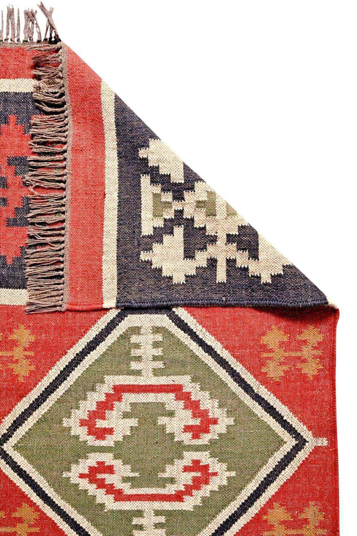 Alfombra Kilim de pasillo, pasillera, étnica, hecha a mano de Lana y Yute - 75x240 cm -Multicolor, rojo, verde, blanco, negro