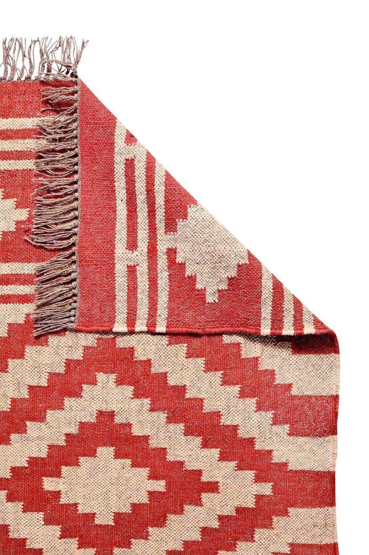 Alfombra Kilim Moderna Hecha a Mano de Lana y Yute -75x240cm - blanco-beige-rojo-Tintes Naturales- Fibras Sostenibles