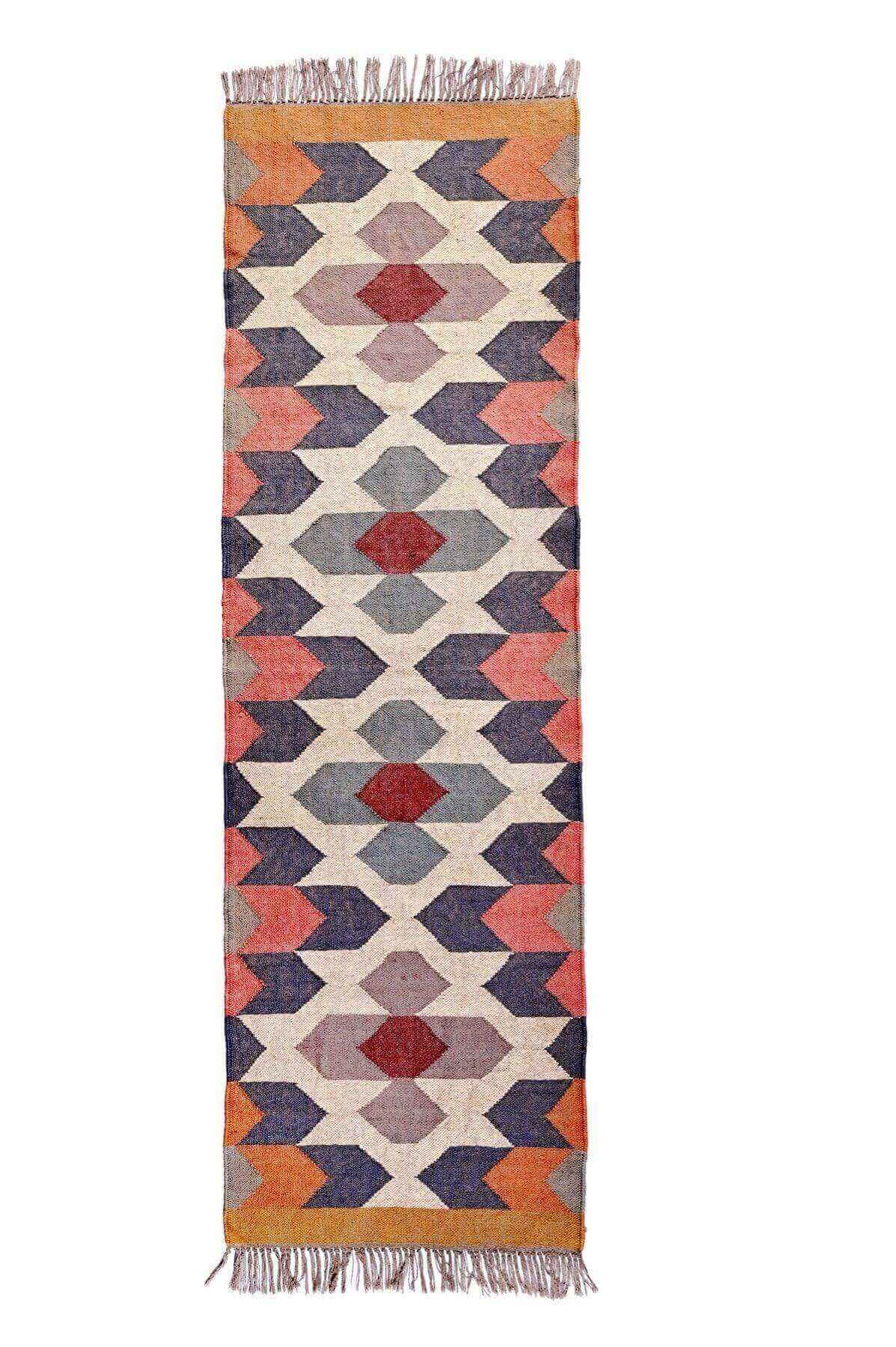 Alfombra Kilim Moderna Hecha a Mano de Lana y Yute, blanco, rojo, naranja, negro. Tintes Naturales- Fibras Sostenibles