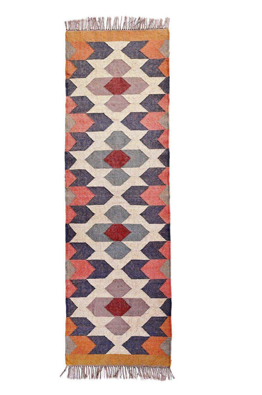 Alfombra Kilim Moderna Hecha a Mano de Lana y Yute, blanco, rojo, naranja, negro. Tintes Naturales- Fibras Sostenibles