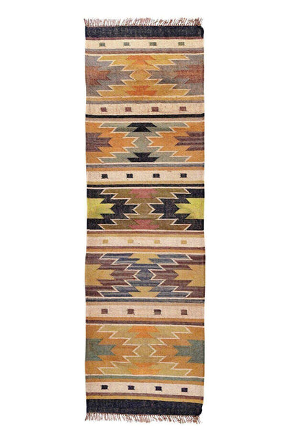 Alfombra Kilim Moderna Hecha a Mano de Lana y Yute - 75x240 cm - amarillo, gris, marrón, multicolor, diseño étnico