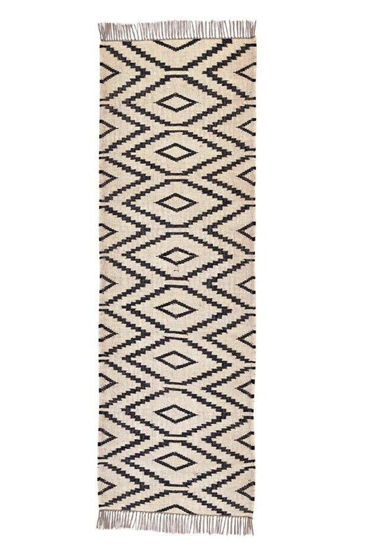 Alfombra Kilim de pasillo, pasillera, étnica, hecha a mano de Lana y Yute - 75x240 cm -Kilim Blanco y negro, beige y negro