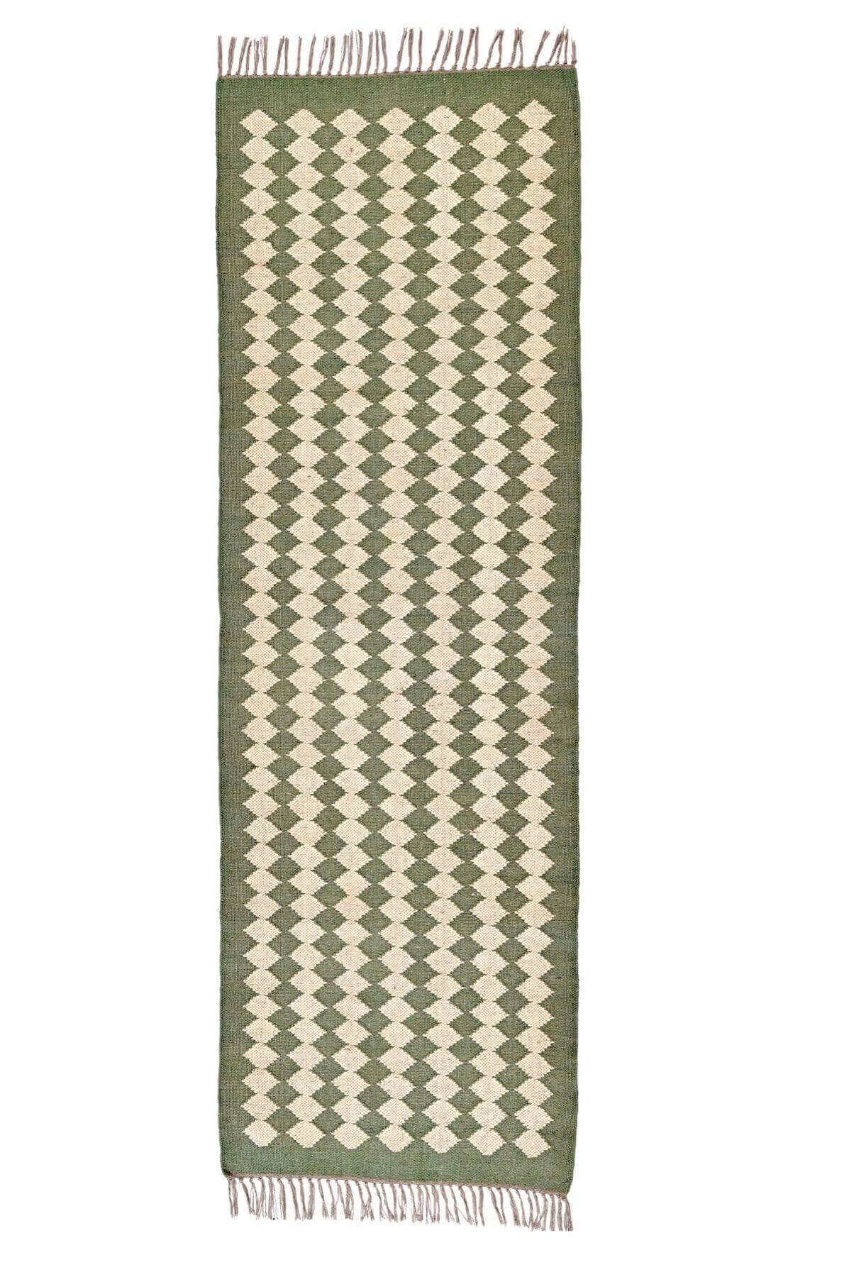 Alfombra Kilim de pasillo, pasillero, damero, moderna, hecha a mano de Lana y Yute - 75x240 cm -Kilim Blanco y Verde