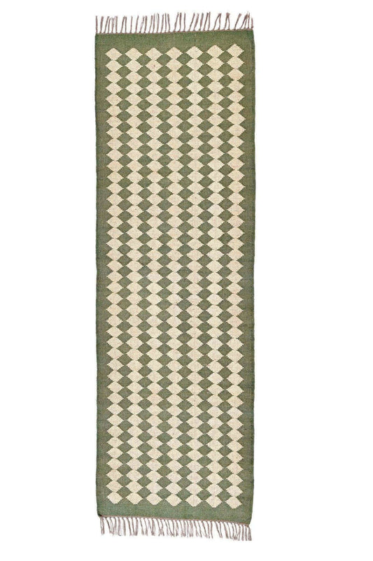 Alfombra Kilim de pasillo, pasillero, damero, moderna, hecha a mano de Lana y Yute - 75x240 cm -Kilim Blanco y Verde