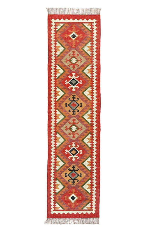 Alfombra Kilim de pasillo, tres metros, pasillero, étnica, moderno, tradicional, multicolor, moderna, hecha a mano de Lana y Yute - 75x300 cm - Origen India -Tintes Naturales- Fibras Sostenibles