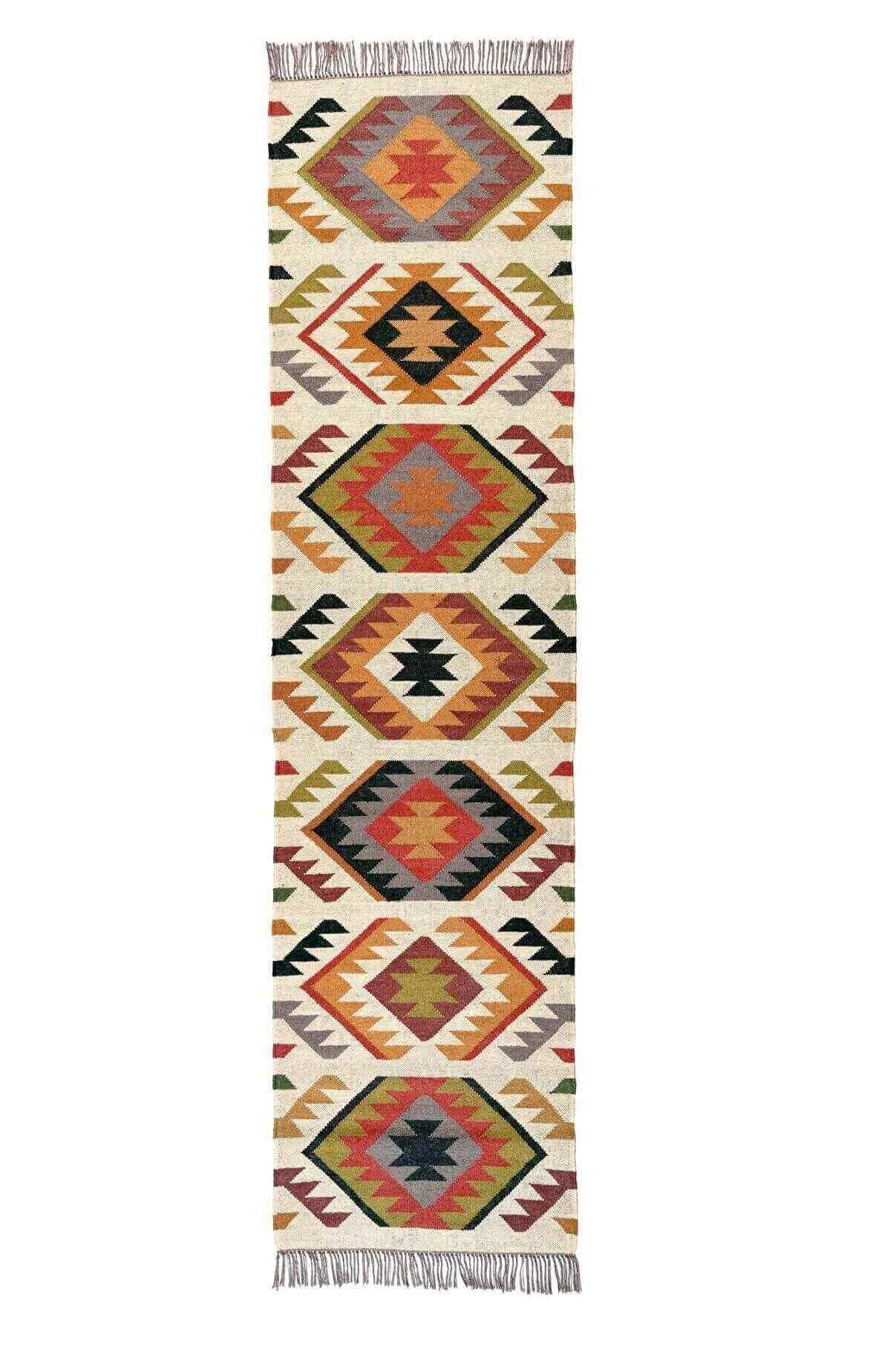 Alfombra Kilim de pasillo, tres metros, pasillero, étnica, moderno, tradicional, multicolor, moderna, hecha a mano de Lana y Yute - 75x300 cm - Origen India -Tintes Naturales- Fibras Sostenibles