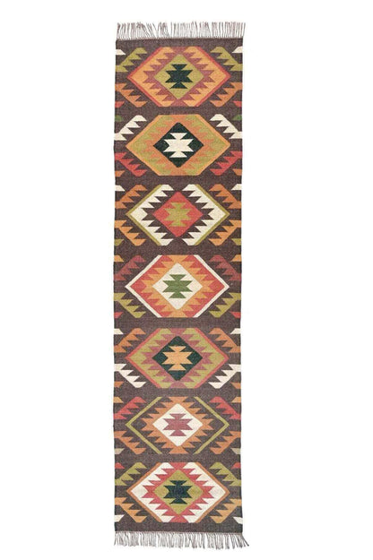 Alfombra Kilim de pasillo, tres metros, pasillero, étnica, moderno, tradicional, multicolor, moderna, hecha a mano de Lana y Yute - 75x300 cm - Origen India -Tintes Naturales- Fibras Sostenibles