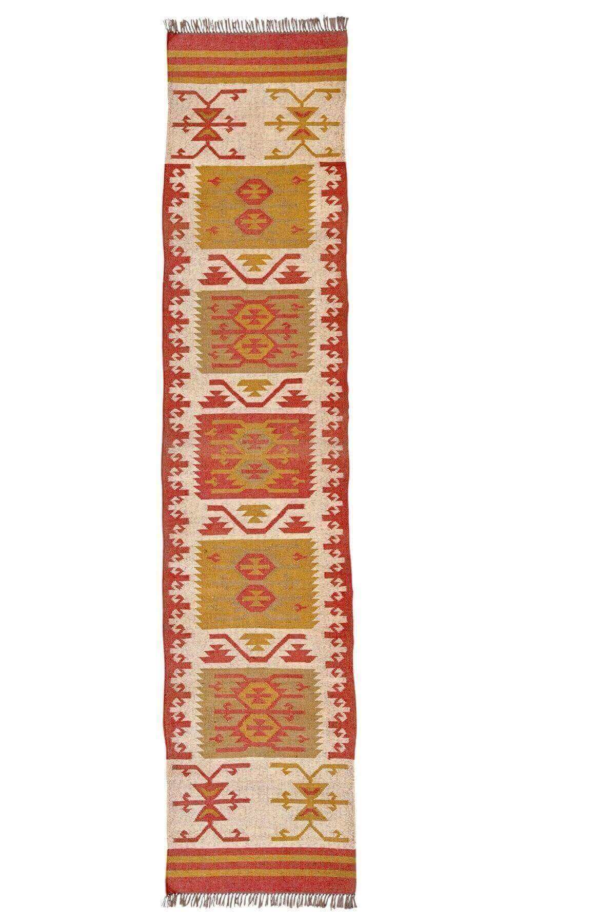 Alfombra Kilim de pasillo, pasillero, étnica, moderno, tradicional, multicolor, moderna, hecha a mano de Lana y Yute - 75x360