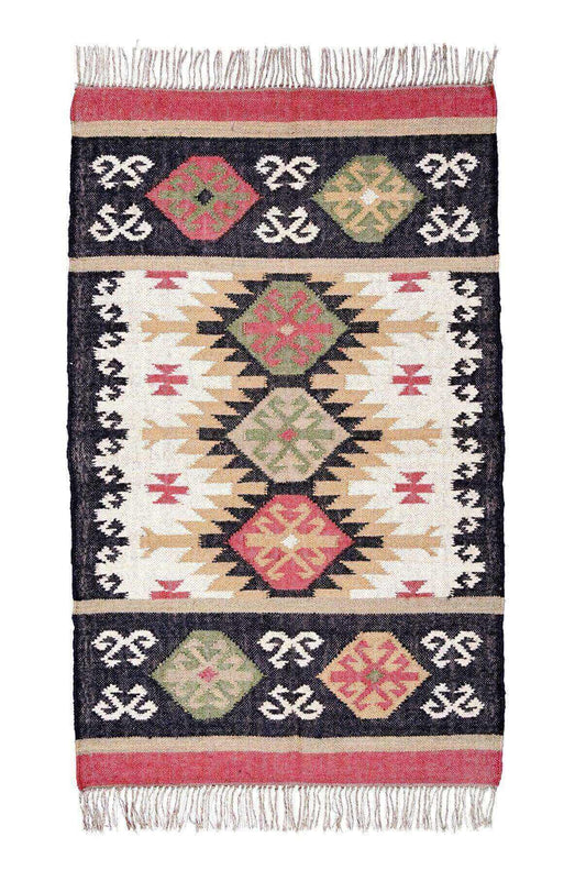 Alfombra Pequeña Étnica Hecha a Mano de Lana y Yute - 60x90 cm - Multicolor y Reversible - Origen India